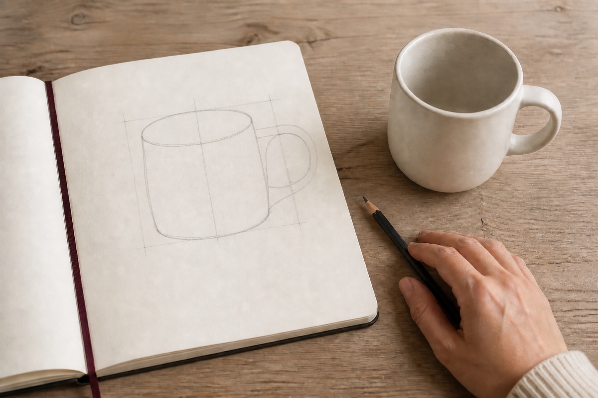 Cómo dibujar una taza paso a paso: tu primer ejercicio de 15 minutos Dibujo ligero de una taza construido con eje central, boca ovalada, cuerpo y asa