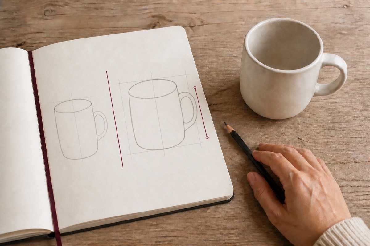 Cómo dibujar una taza paso a paso: tu primer ejercicio de 15 minutos Dos bocetos de una taza en el mismo cuaderno para ilustrar la comparación y revisión de proporciones