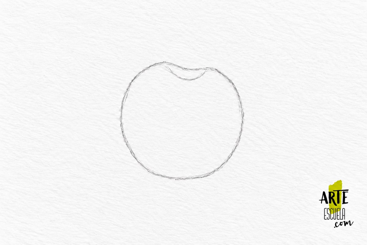 Cómo pintar una cereza con acrílicos en 5 pasos Contorno suave a lápiz de una cereza, todavía sin color ni rabito.