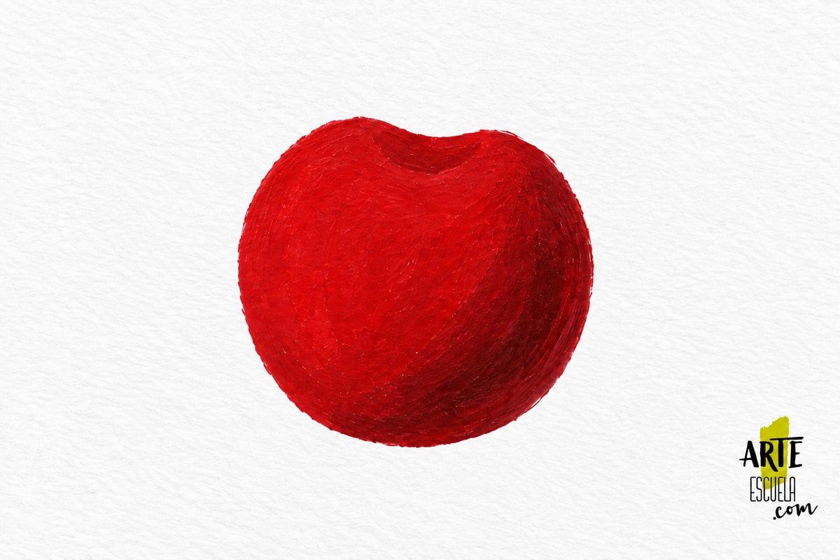 Cómo pintar una cereza con acrílicos en 5 pasos Cereza roja con una sombra curva en el lateral inferior derecho.