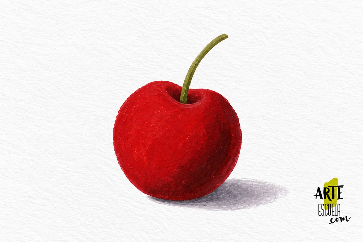 Cómo pintar una cereza con acrílicos en 5 pasos Cereza con rabito verde y sombra clara sobre el papel, aún sin brillo blanco.