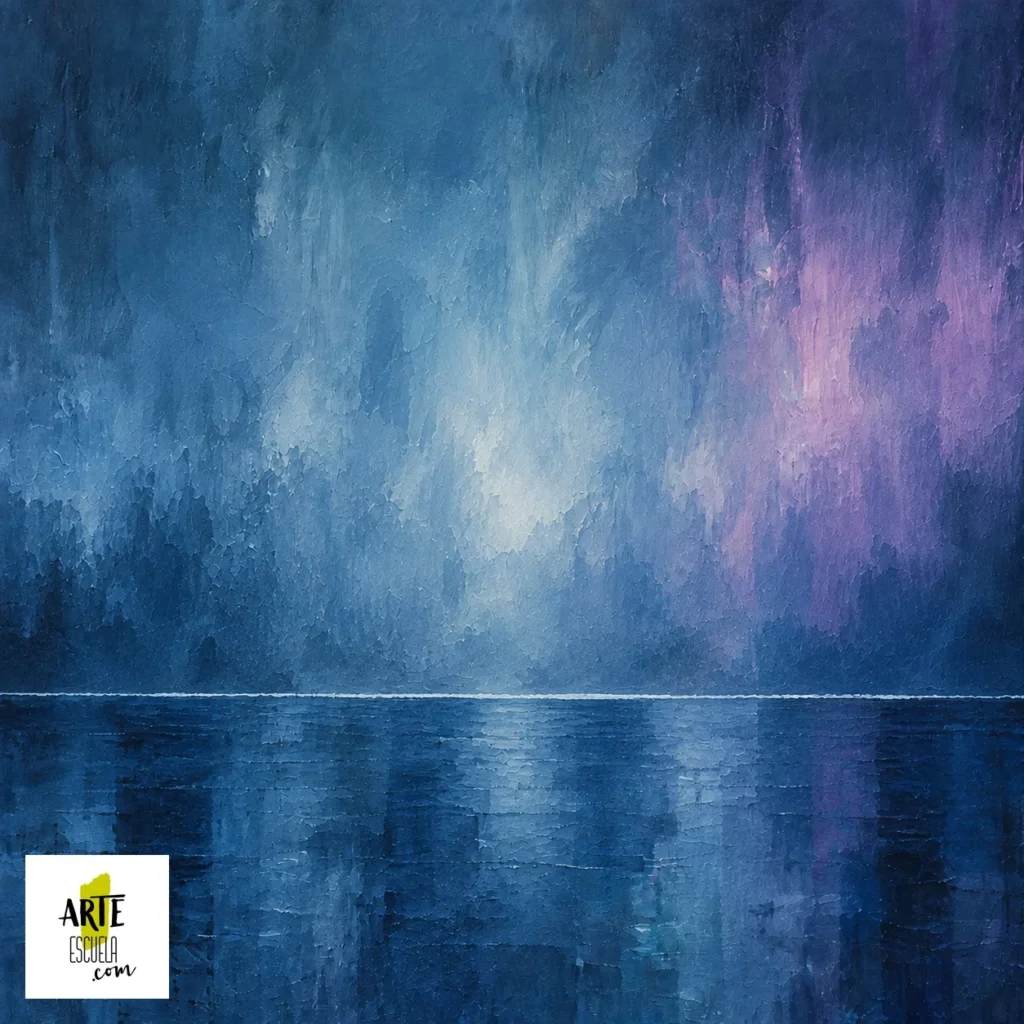 Cómo pintar una ciudad bajo la lluvia con acrílico Fondo azul gris con una separación horizontal para el suelo, sin edificios.