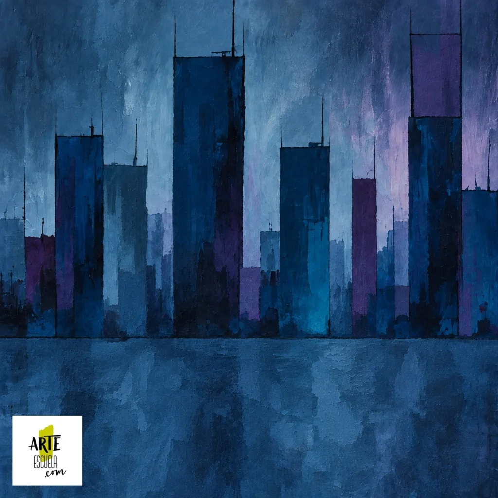 Cómo pintar una ciudad bajo la lluvia con acrílico Bloques azules de distinta altura que forman una ciudad, aún sin luces.
