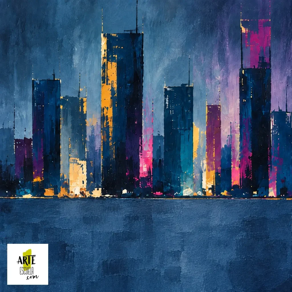 Cómo pintar una ciudad bajo la lluvia con acrílico Edificios azules con acentos dorados y magenta, sin reflejos en el suelo.