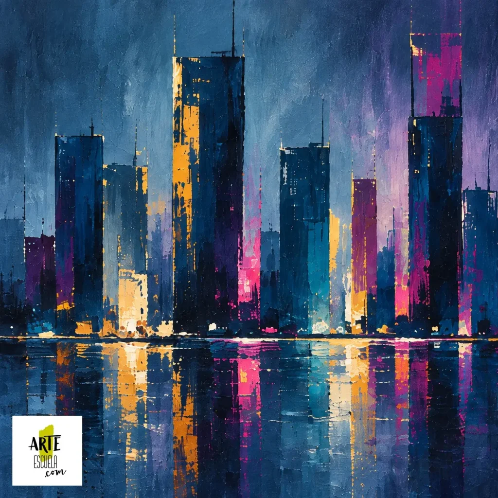 Cómo pintar una ciudad bajo la lluvia con acrílico Ciudad bajo la lluvia con edificios azules y reflejos dorados y magenta.