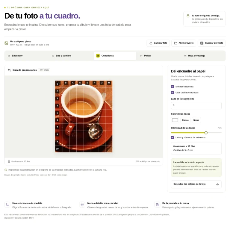 Cuadricular una imagen en ArteEscuela: taza con 8 columnas y 10 filas para un lienzo de 40 × 50 cm