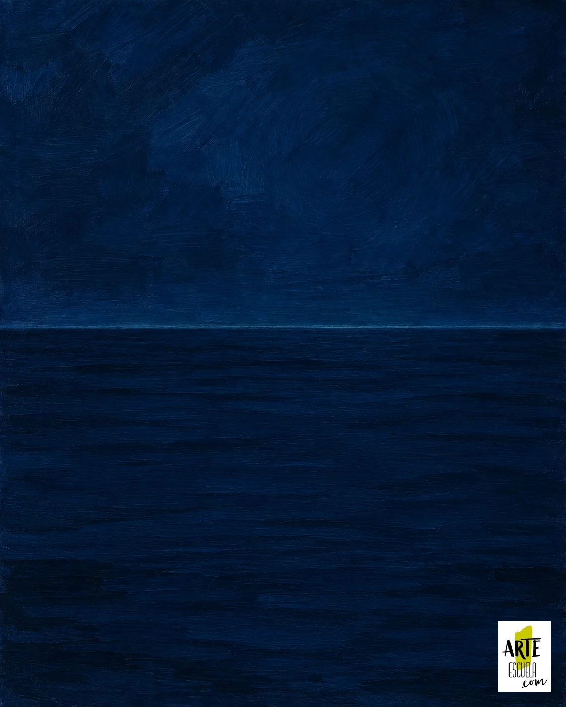 Cómo pintar una luna sobre el mar con acrílicos en 5 pasos fáciles Base azul noche sobre un soporte vertical, con el horizonte ligeramente por encima de la mitad, todavía sin luna ni reflejos.