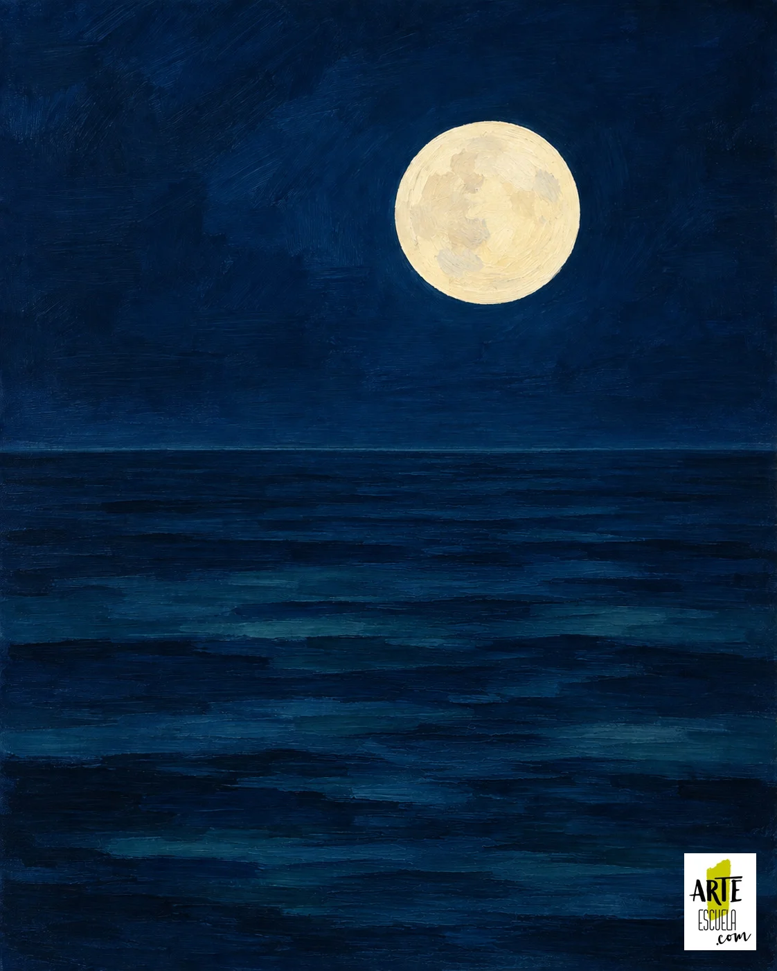 Cómo pintar una luna sobre el mar con acrílicos en 5 pasos fáciles Luna de color crema en la parte superior derecha sobre un mar azul, antes de añadir su reflejo en el agua.