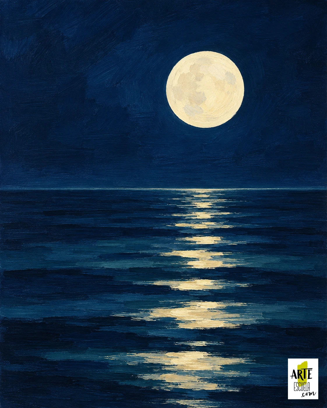 Cómo pintar una luna sobre el mar con acrílicos en 5 pasos fáciles Pintura terminada de una luna crema sobre el mar azul noche, con reflejos horizontales separados que se ensanchan hacia la parte inferior.