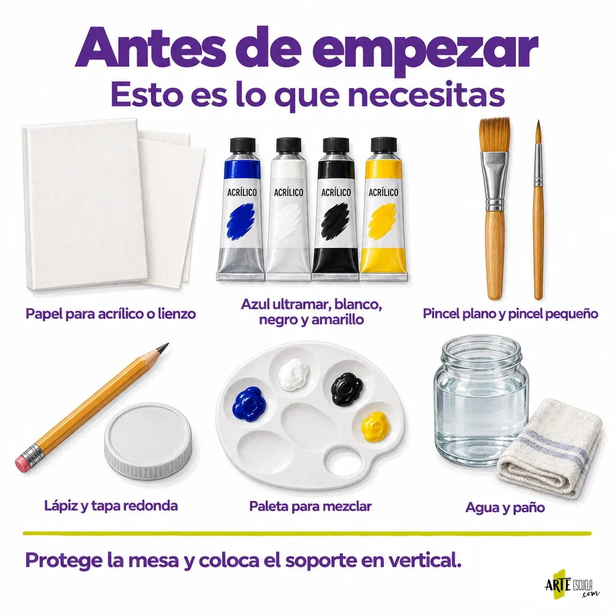 Cómo pintar una luna sobre el mar con acrílicos en 5 pasos fáciles Materiales para pintar una luna sobre el mar: soporte para acrílico, azul ultramar, blanco, negro, amarillo, dos pinceles, lápiz, tapa redonda, paleta, agua y paño.