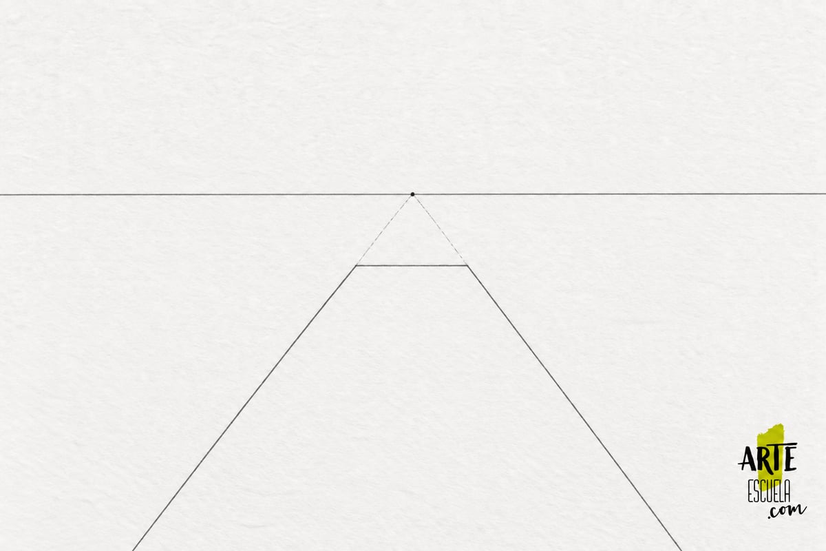 Cómo dibujar un muelle en perspectiva en 5 pasos Bordes del muelle dirigidos al punto de fuga y extremo horizontal antes del horizonte.