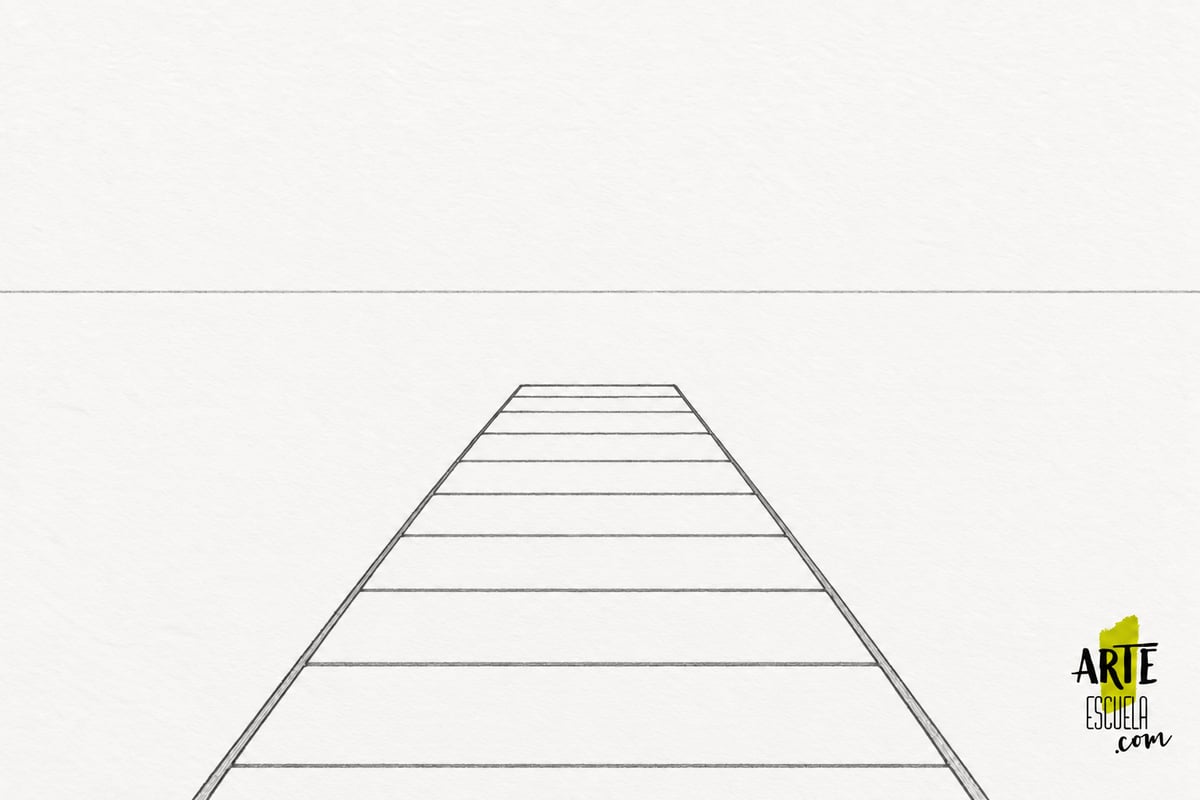 Cómo dibujar un muelle en perspectiva en 5 pasos Tablas del muelle con menos separación a medida que se alejan.