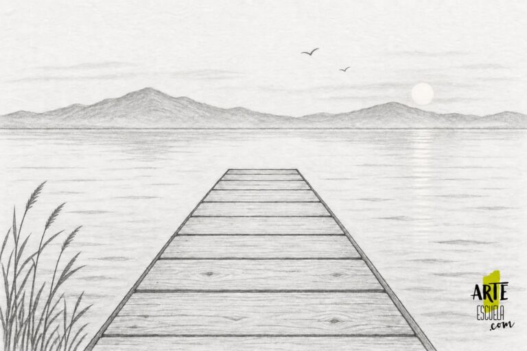 Dibujo terminado de un muelle en perspectiva con lago, montañas, juncos, sol y pájaros.