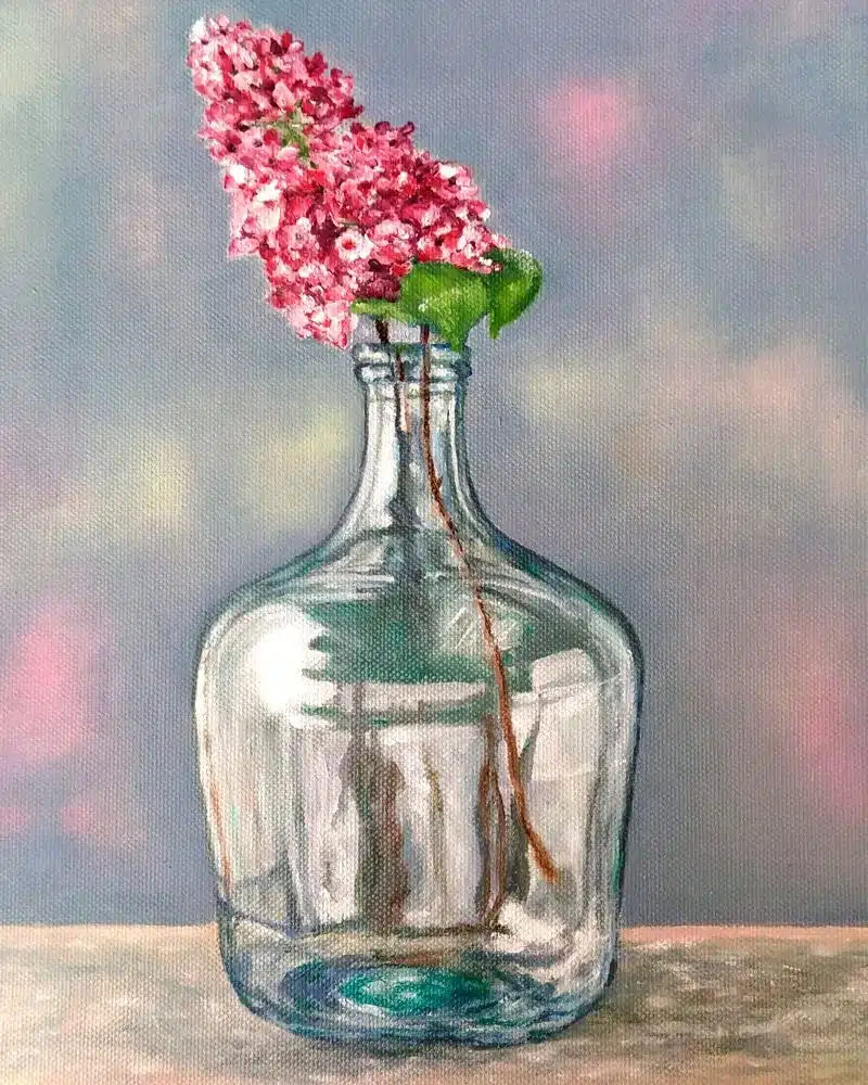 Trabajos de los alumnos Bodegón con botella y flores realizado por alumnado de ArteEscuela