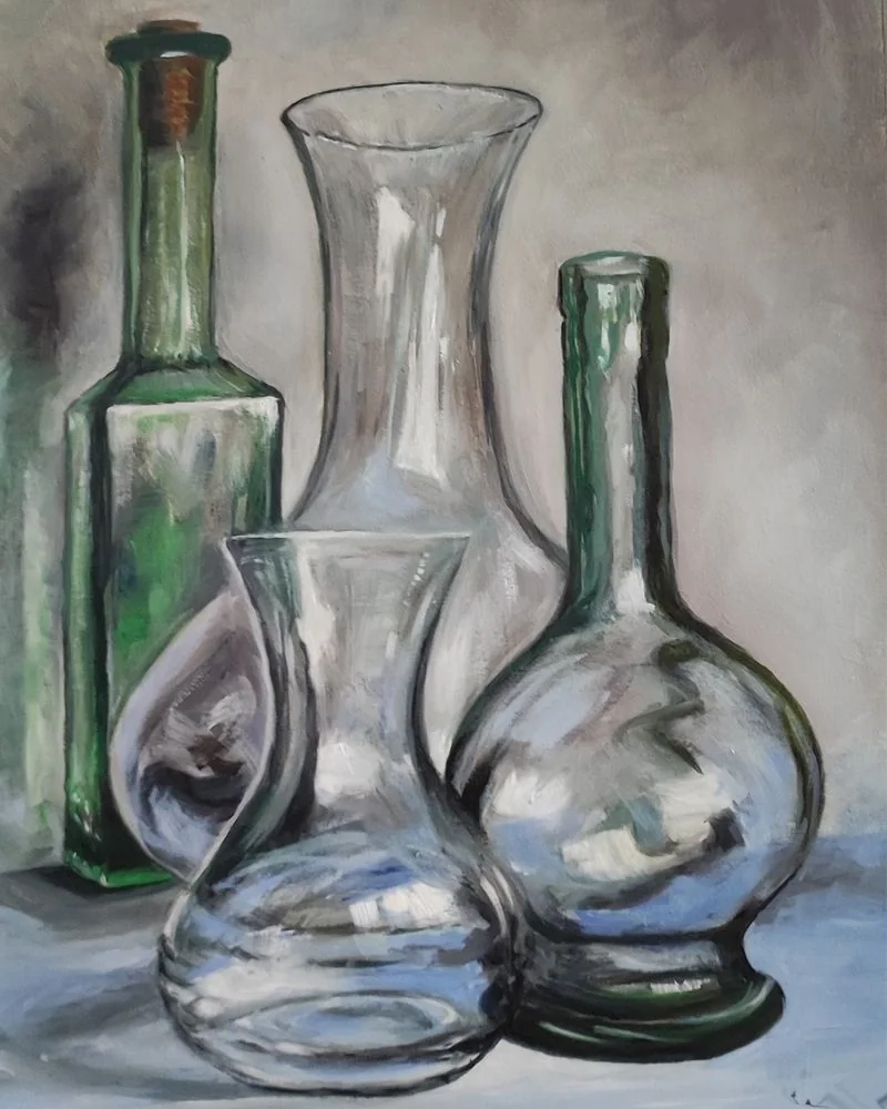 Trabajos de los alumnos Bodegón de botellas y recipientes de cristal realizado por alumnado de ArteEscuela