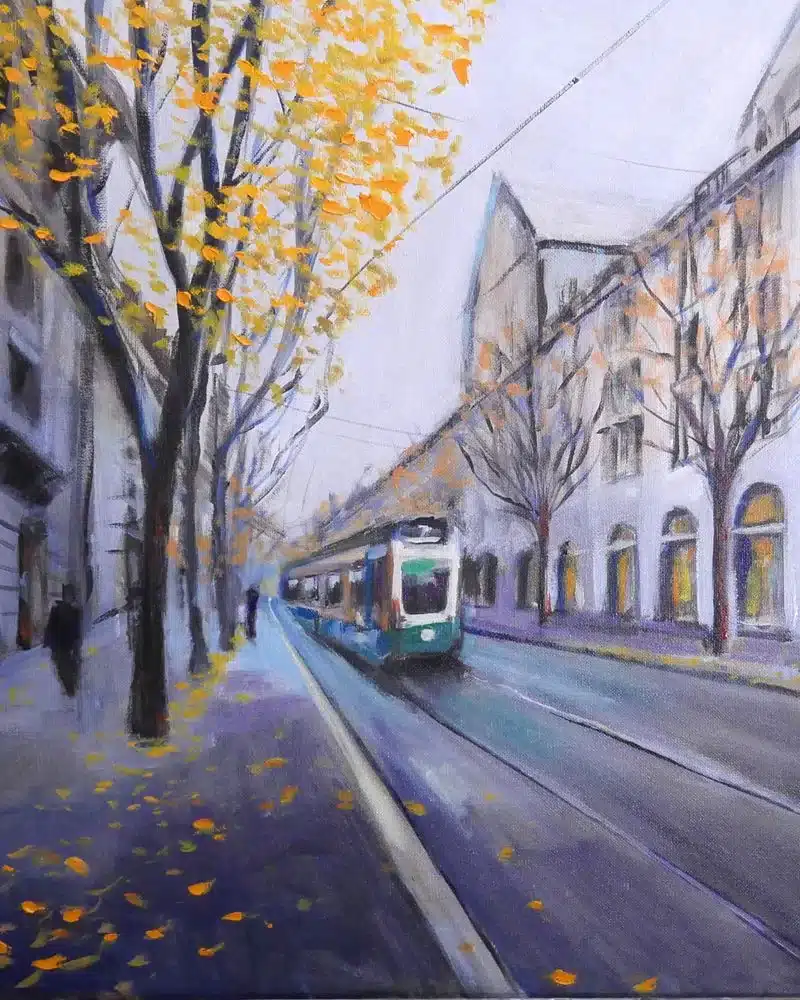 Trabajos de los alumnos Paisaje urbano con tranvía realizado como trabajo del curso de ArteEscuela