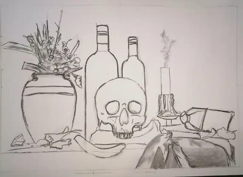 Trabajos de los alumnos Dibujo lineal de un bodegón complejo realizado por alumnado de ArteEscuela