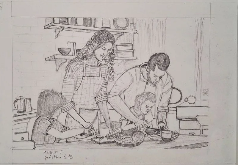 Trabajos de los alumnos Ejercicio de línea y encaje de una escena cotidiana realizado por alumnado de ArteEscuela