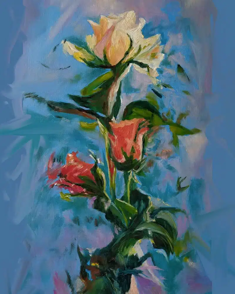 Trabajos de los alumnos Pintura botánica de flores sobre fondo azul realizada por alumnado de ArteEscuela