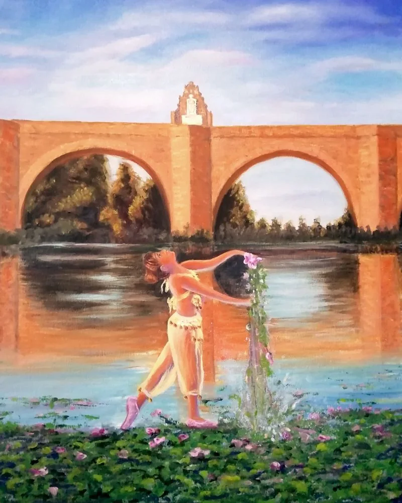 Trabajos de los alumnos Obra libre con una figura junto a un puente realizada por alumnado de ArteEscuela