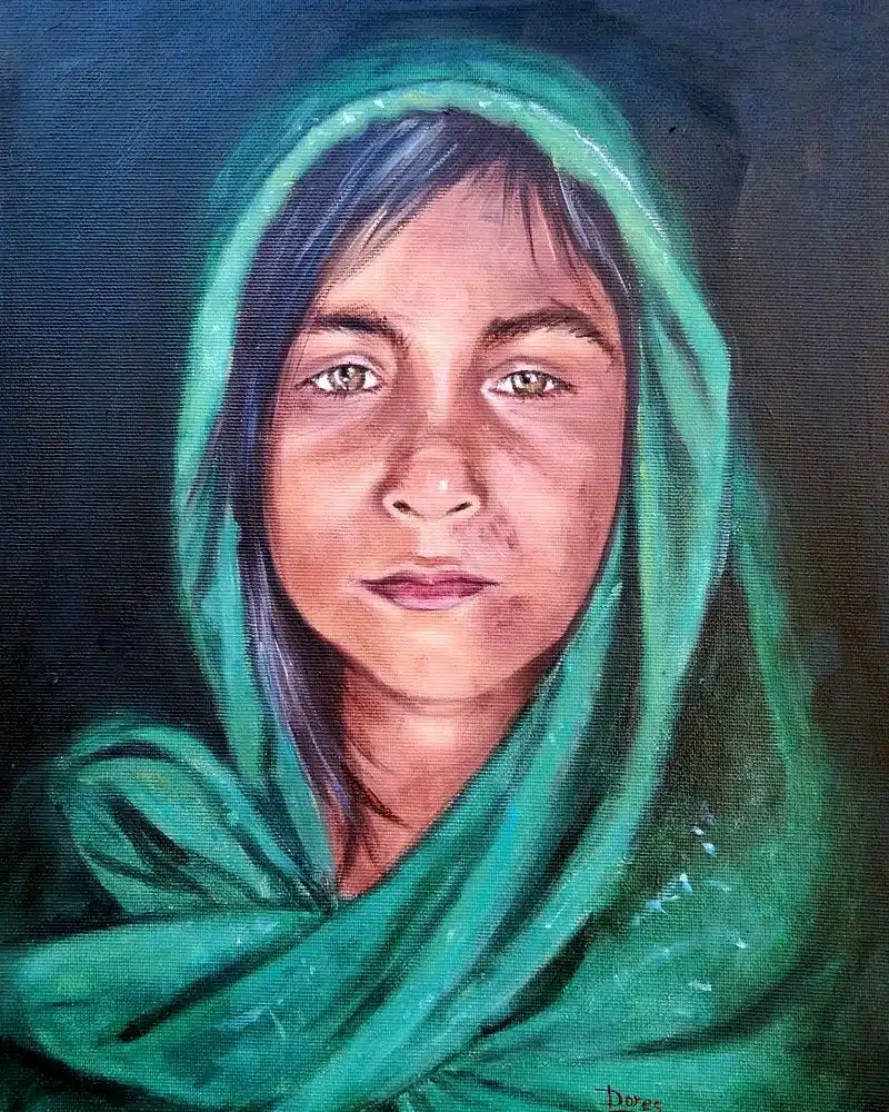 Trabajos de los alumnos Retrato con pañuelo verde realizado durante el curso de ArteEscuela