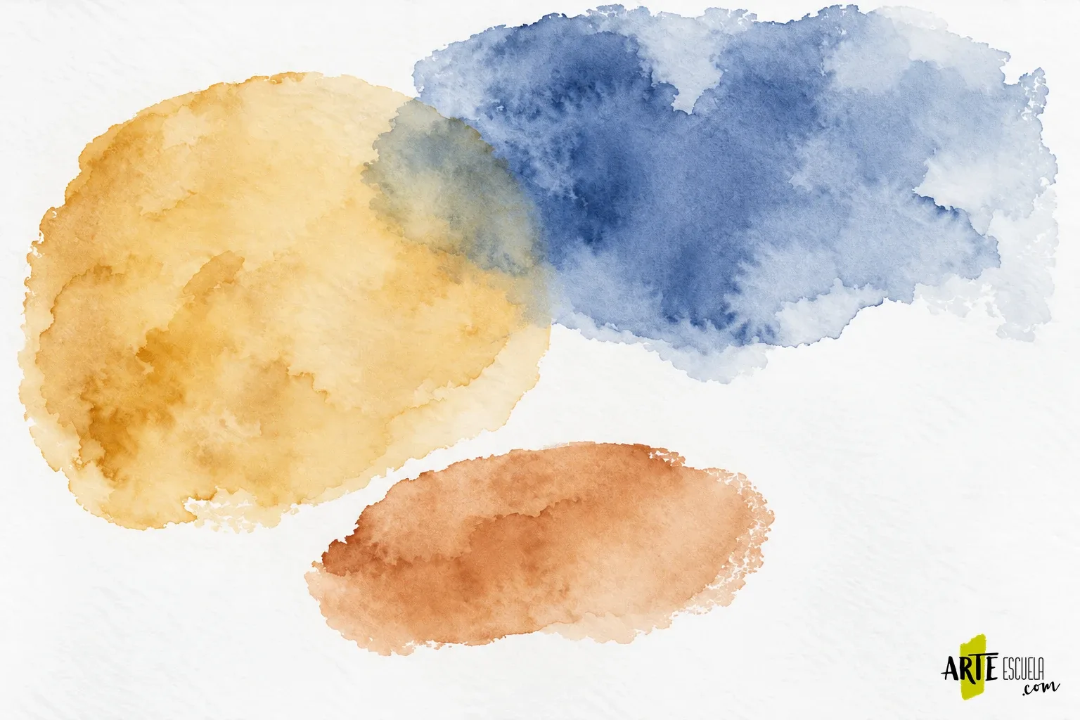 Cómo pintar una acuarela abstracta paso a paso con tres manchas y un punto focal Composición de tres manchas transparentes en ocre, azul y siena separadas parcialmente por papel blanco