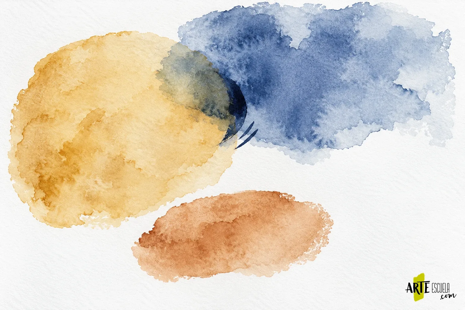 Cómo pintar una acuarela abstracta paso a paso con tres manchas y un punto focal Acuarela abstracta de tres manchas con un pequeño arco oscuro en el encuentro de azul y ocre