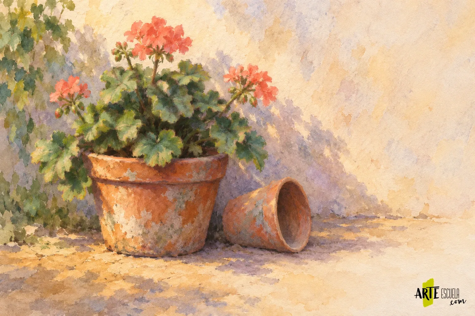 Acuarela y pastel seco: una base de color y trazos que dan vida Primeros trazos de pastel seco sobre la acuarela del geranio y las macetas