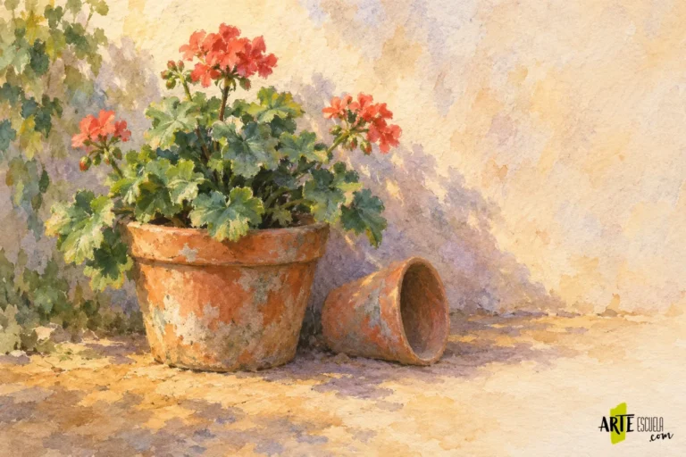 Rincón de jardín terminado con acuarela visible y acentos de pastel en hojas, flores y macetas