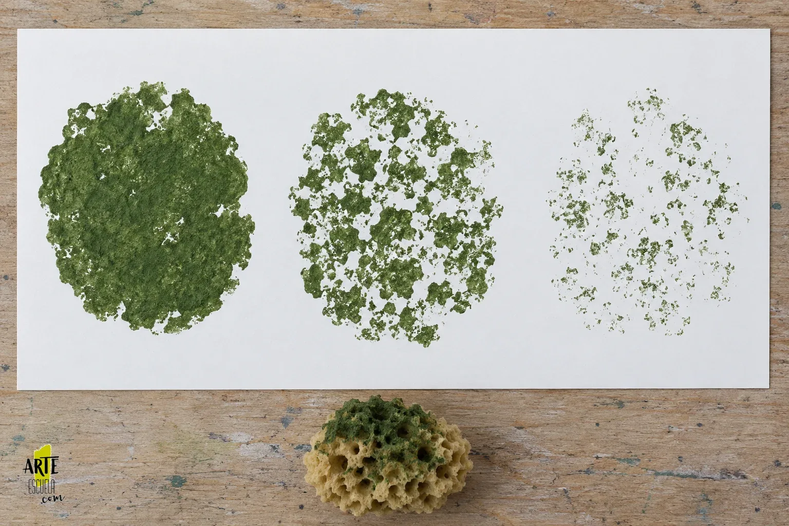 Cómo hacer estampaciones con pintura acrílica paso a paso Tres huellas verdes de esponja con distinta carga de pintura acrílica