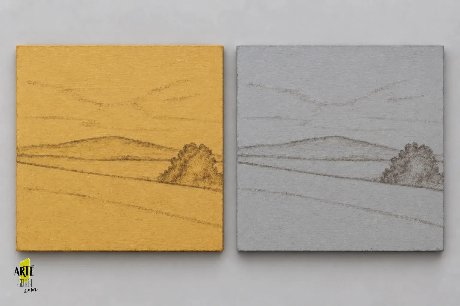 Imprimatura amarilla o fondo neutro: compara cómo cambia un paisaje al óleo Dos paneles al óleo con bases ocre y gris y el mismo paisaje apenas encajado
