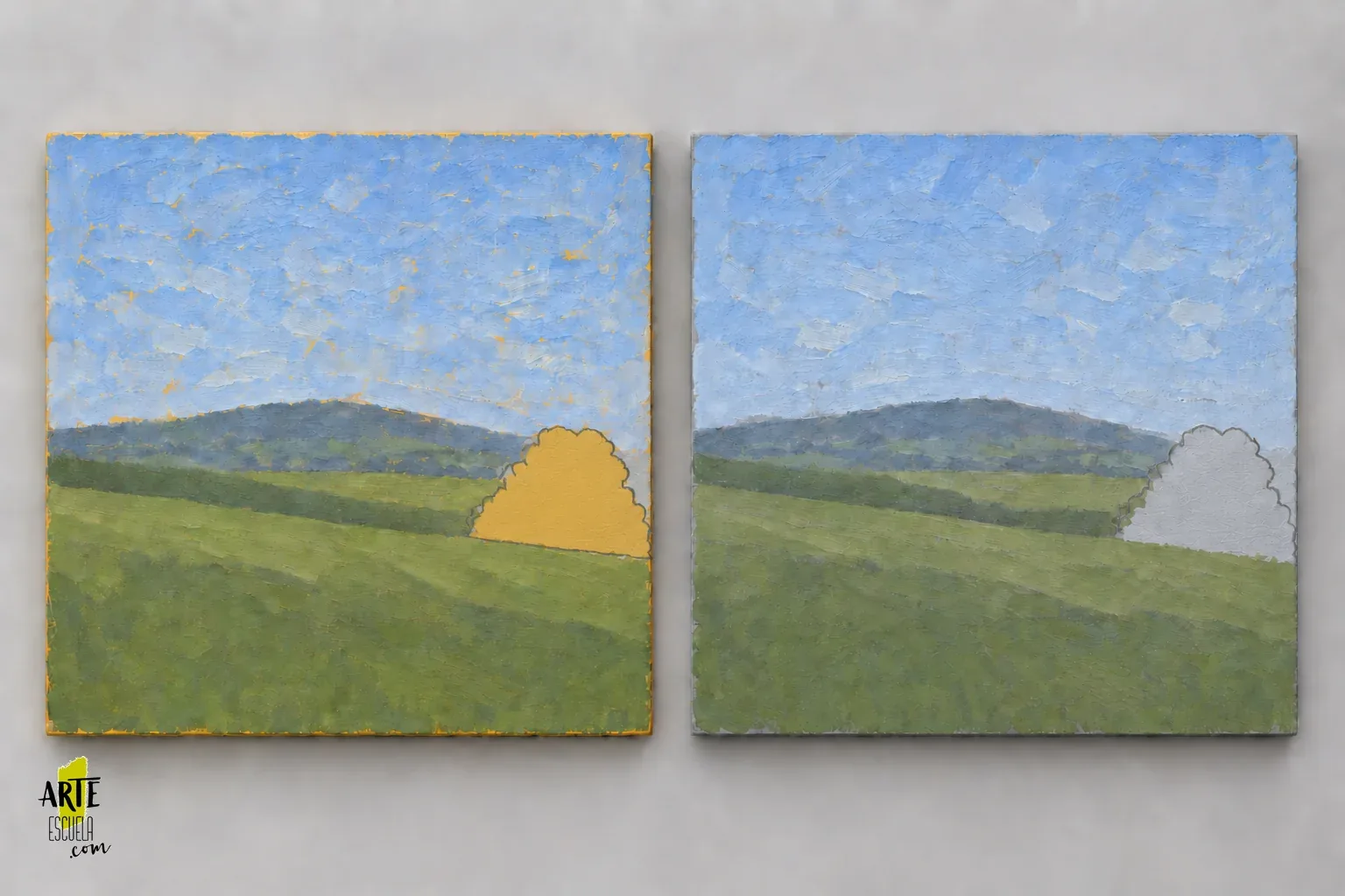 Imprimatura amarilla o fondo neutro: compara cómo cambia un paisaje al óleo El mismo paisaje al óleo con cielo y masas verdes sobre una base cálida y otra neutra