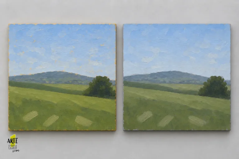Dos pequeños paisajes al óleo terminados sobre imprimaturas amarilla y gris