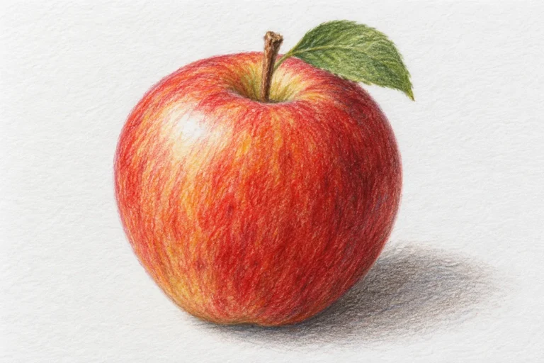Manzana roja con una pequeña hoja verde, dibujada con lápices de colores y luz en la parte superior izquierda.