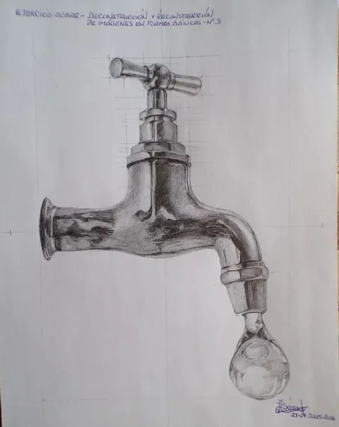 Estudio de luces y sombras de un grifo realizado por alumnado de ArteEscuela
