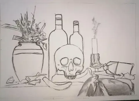 Dibujo lineal de un bodegón complejo realizado por alumnado de ArteEscuela