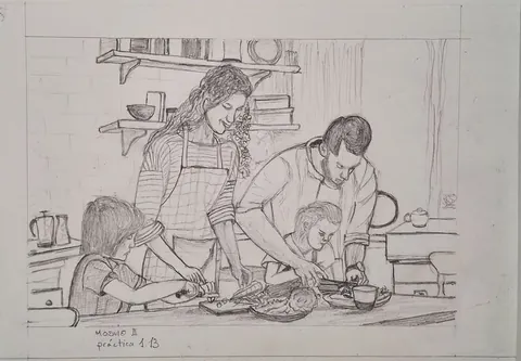 Ejercicio de línea y encaje de una escena cotidiana realizado por alumnado de ArteEscuela