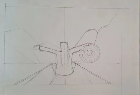 Ejercicio de construcción lineal y perspectiva de un objeto realizado por alumnado de ArteEscuela
