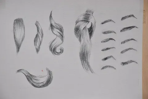 Estudio de cabello y cejas dibujado por alumnado de ArteEscuela