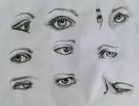 Lámina de ejercicios de ojos dibujados por alumnado de ArteEscuela