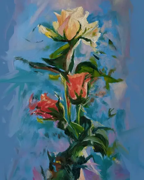 Pintura botánica de flores sobre fondo azul realizada por alumnado de ArteEscuela
