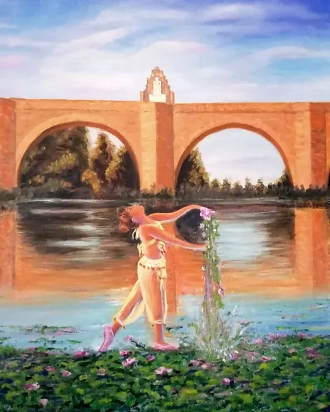 Obra libre con una figura junto a un puente realizada por alumnado de ArteEscuela