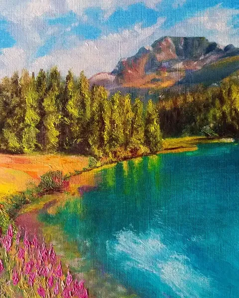 Paisaje de lago realizado por alumnado de ArteEscuela