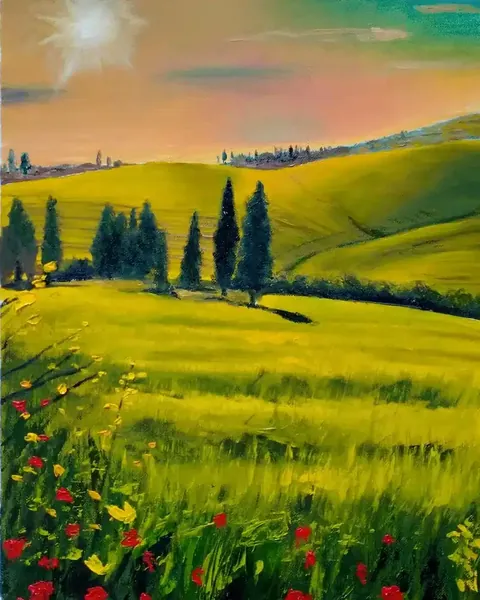 Paisaje de campo inspirado en la Toscana realizado por alumnado de ArteEscuela