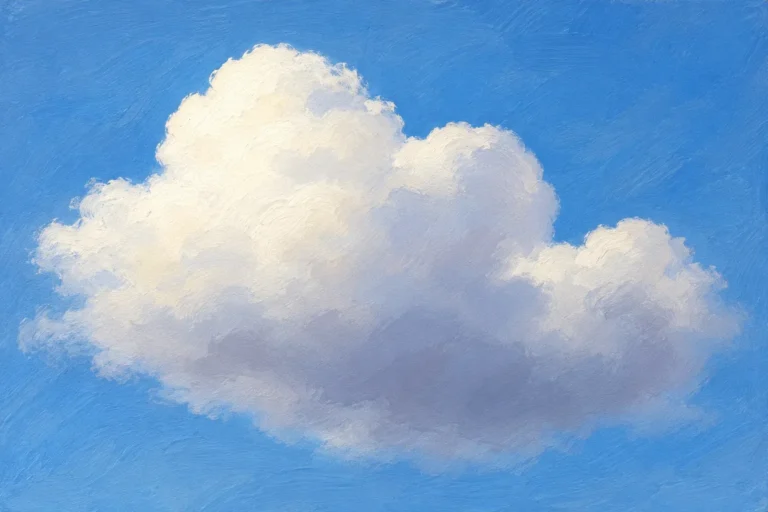 Nube blanca sencilla pintada con acrílico sobre cielo azul, con sombras gris violáceas en la base y luces superiores.