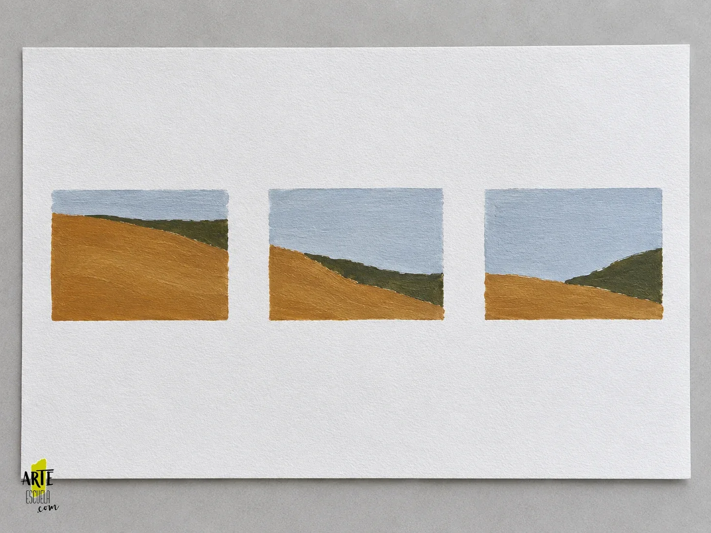 Paisaje abstracto: organiza tres masas antes de crear textura Tres miniaturas de paisaje abstracto con las mismas mezclas y distinta distribución de masas