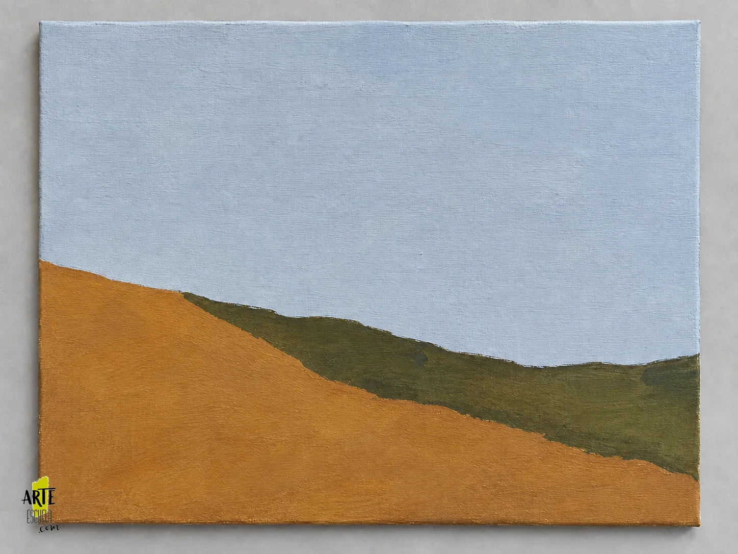 Paisaje abstracto: organiza tres masas antes de crear textura Base acrílica de paisaje abstracto con masas gris azulada, ocre y oliva oscuro sin acentos de textura