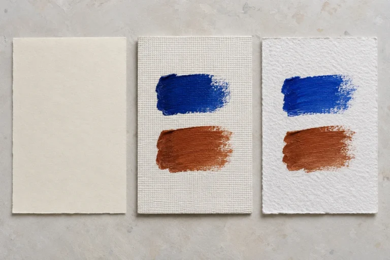 Tres muestras de papel: una hoja lisa sin pintar a la izquierda y dos texturadas con pinceladas azules arriba y tierras debajo.
