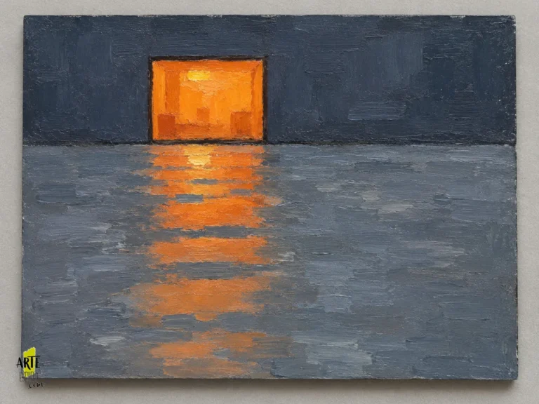 Reflejo cálido de un escaparate fragmentado por pinceladas horizontales sobre pavimento oscuro