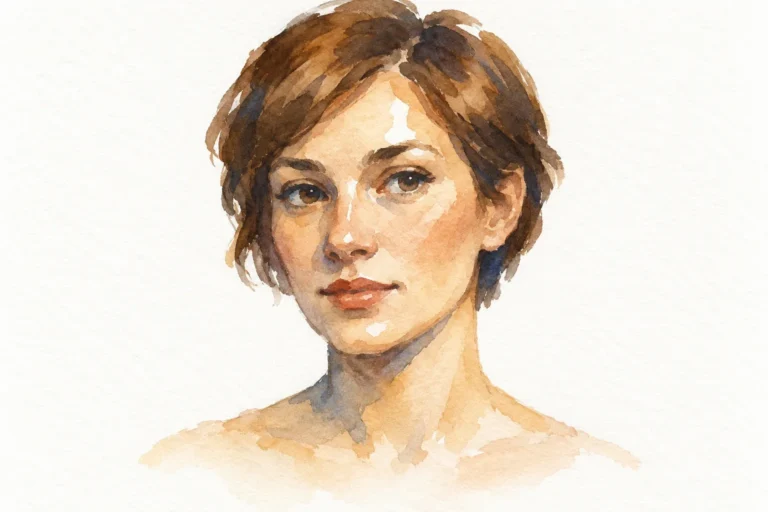 Retrato sencillo en acuarela de una mujer adulta de pelo castaño corto, casi frontal, con aguadas transparentes y fondo blanco.